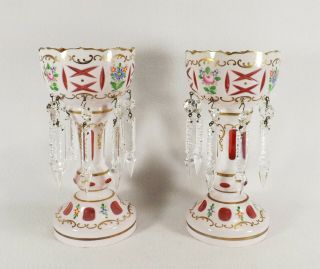 Vintage Pair Lusters Lustre Cut To Cranberry Hand Painted Prisms Roses Beauties