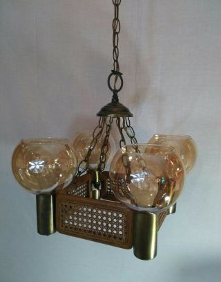 Vintage Mcm Square Antique Brass And Wicker Rattan 4 Light Globe Chandelier