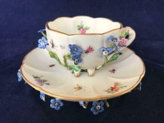 Fine Antique Meissen Porcelain Floral Encrusted Demitasse Cup And Saucer.