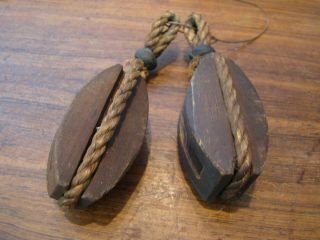 Pair Small Miniature Antique Wooden Hand Carved Ships Pulleys / Block & Tackle