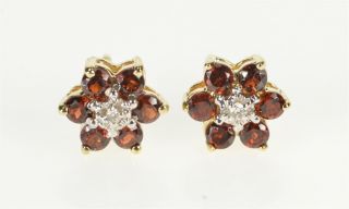 14k Garnet Diamond Flower Floral Cluster Stud Earrings Yellow Gold 96