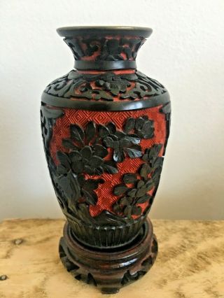 Vintage Chinese Cinnabar Enamel Carved Vase Black And Red 20th C