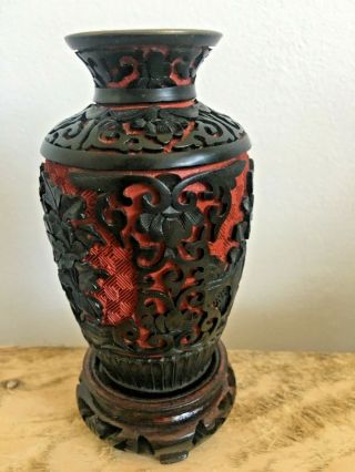Vintage Chinese Cinnabar Enamel Carved Vase Black And Red 20th C 2