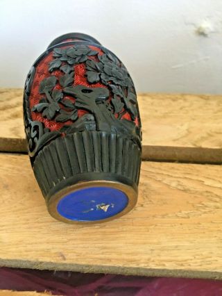Vintage Chinese Cinnabar Enamel Carved Vase Black And Red 20th C 4