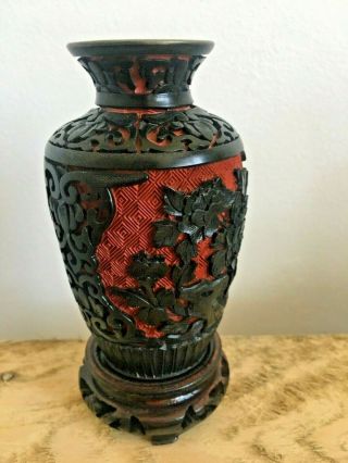 Vintage Chinese Cinnabar Enamel Carved Vase Black And Red 20th C 5