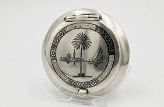 Iraqi Middle Eastern Solid Silver Compact Mirror Niello Enamel C.  1920 Signed
