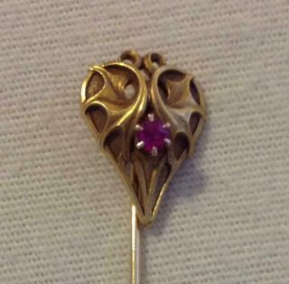 14k Gold Hat Pin Stick Pin W/ Ruby Marked Hayden W Wheeler & Co.  Ny 1897 - 1930