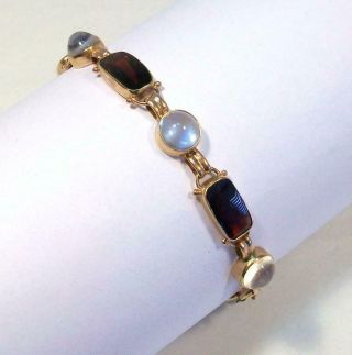 Fine Estate 14k Yellow Gold Garnet & Moonstone Vintage Bracelet - Small Wrist Sz