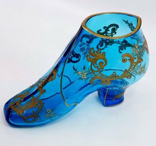 Rare Bohemian Moser Blue Glass Ladys Shoe Raised Gilt Enamel