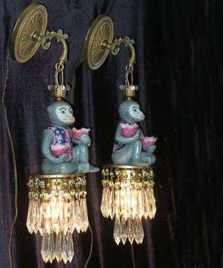 Pr Sconce Asian Monkey Lotus Porcelain Brass Vintage Lamp Crystal African Beaded