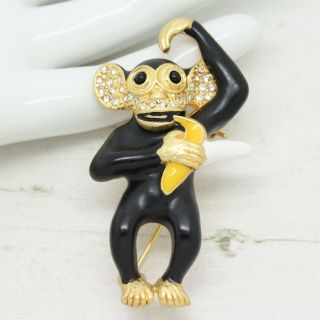 Vintage Signed Ciner Mister Monkey Banana Enamel & Crystal Brooch Pin Jewellery