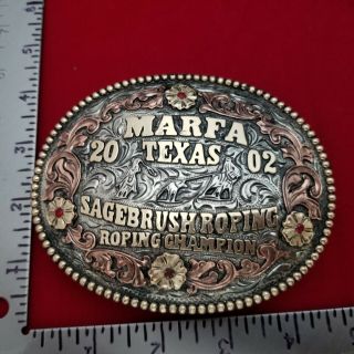 2002 RODEO TROPHY BUCKLE VINTAGE MARFA TEXAS TEAM ROPING COWBOY CHAMPION 682 2