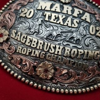2002 RODEO TROPHY BUCKLE VINTAGE MARFA TEXAS TEAM ROPING COWBOY CHAMPION 682 4