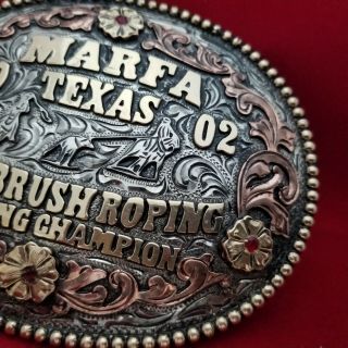 2002 RODEO TROPHY BUCKLE VINTAGE MARFA TEXAS TEAM ROPING COWBOY CHAMPION 682 5