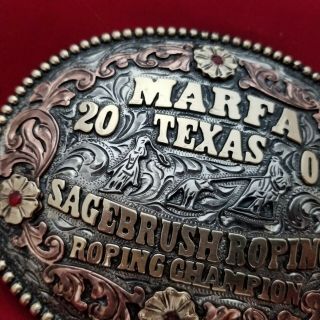 2002 RODEO TROPHY BUCKLE VINTAGE MARFA TEXAS TEAM ROPING COWBOY CHAMPION 682 6