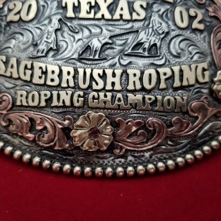 2002 RODEO TROPHY BUCKLE VINTAGE MARFA TEXAS TEAM ROPING COWBOY CHAMPION 682 7