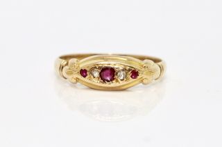 A Lovely Antique Edwardian 18ct Gold Rose Cut Diamond & Ruby Five Stone Ring