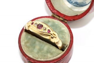 A Lovely Antique Edwardian 18ct Gold Rose Cut Diamond & Ruby Five Stone Ring 5