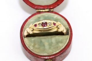 A Lovely Antique Edwardian 18ct Gold Rose Cut Diamond & Ruby Five Stone Ring 6