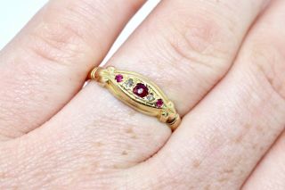 A Lovely Antique Edwardian 18ct Gold Rose Cut Diamond & Ruby Five Stone Ring 7