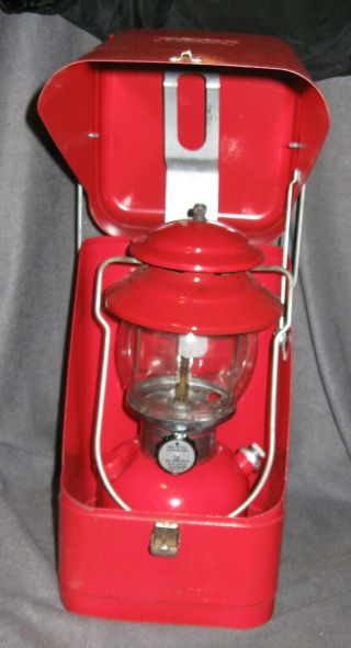 Vintage Coleman 200a ? Round Globe Red Lantern W/ Red Metal Carry Case