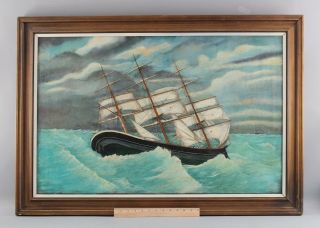 Large 19thc Antique English Maritime Folk Art Seascape Oil Painting Clipper Ship