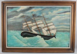 Large 19thC Antique English Maritime Folk Art Seascape Oil Painting Clipper Ship 2