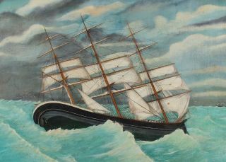 Large 19thC Antique English Maritime Folk Art Seascape Oil Painting Clipper Ship 3