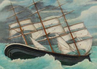 Large 19thC Antique English Maritime Folk Art Seascape Oil Painting Clipper Ship 4
