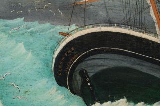 Large 19thC Antique English Maritime Folk Art Seascape Oil Painting Clipper Ship 5