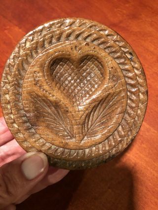Antique Primitive Wooden Butter Stamp Mold (heart) Treenware
