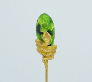 14k Art Nouveau Snake Green Glass Stick Pin Brooch Antique Yellow Gold Victorian