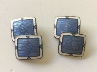 Antique Vintage F A Hermann Sterling Art Deco Blue Enamel Guilloche Cufflinks