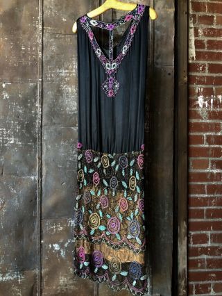 Antique 1920s Beaded Flapper Dress Metallic Lace Black Silk Art Deco Vintage 2