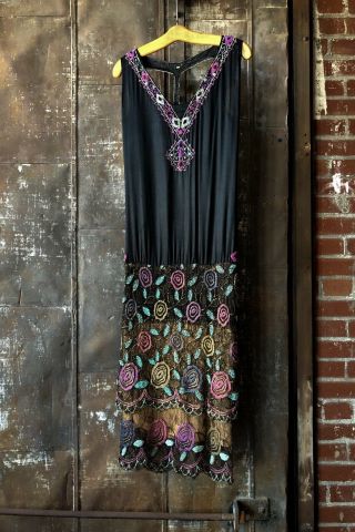 Antique 1920s Beaded Flapper Dress Metallic Lace Black Silk Art Deco Vintage 3