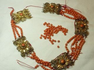 Antique Vintage Silver Gilt Filigree Real Salmon Coral Beads Necklace For Repair