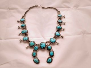 Large Vintage Estate Sterling Silver & Turquoise Navajo Squash Blossom Necklace