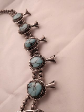Large Vintage Estate Sterling Silver & Turquoise Navajo Squash Blossom Necklace 6