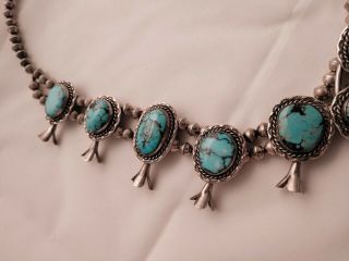 Large Vintage Estate Sterling Silver & Turquoise Navajo Squash Blossom Necklace 7