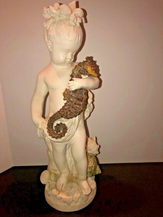 Vtg.  Ocean Girl Cherub/seashell Hair Holding Seahorse Statue/sculpture Figurine