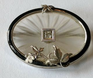 Antique Art Deco 14k White Gold Enamel Diamond Camphor Glass Pin Brooch