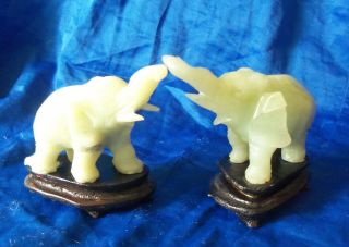 Chinese Hand Carved Natural Green Hard Stone Elephant Pair On Stands