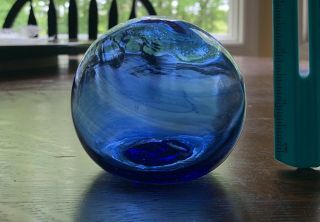 Antique Hand Blown Glass Fish Net Float Ball Blue Shad Cobalt Swirls Streaks