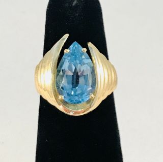 Vintage 14k Solid Yellow Gold Tear Drop Pear Shaped Blue Topaz Ci Ring Size 7