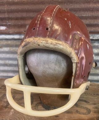 Vtg Ca.  40s 50s Macgregor H614 7 7 1/8 Maroon Leather Football Helmet W/ Guard