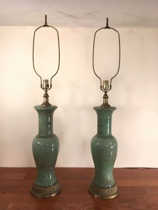 Pair Large Vintage Arts & Crafts Green Art Pottery Table Lamps W/ Brass