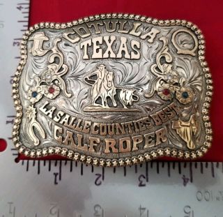 VINTAGE RODEO BUCKLE COTULLA TEXAS CALF ROPING CHAMPION Hand Engraved 460 2