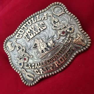 VINTAGE RODEO BUCKLE COTULLA TEXAS CALF ROPING CHAMPION Hand Engraved 460 4