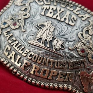 VINTAGE RODEO BUCKLE COTULLA TEXAS CALF ROPING CHAMPION Hand Engraved 460 6