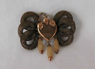 Lovely Antique Mourning Hair Brooch W/ Heart Brown & Blonde Hair Leaves & Vines